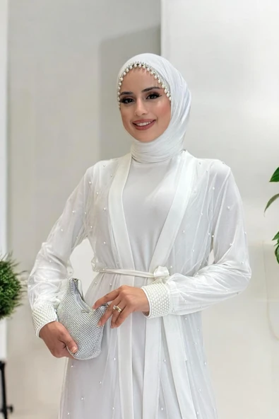 İncili Abaya Ve Elbise Takım 8491 Ekru - 4