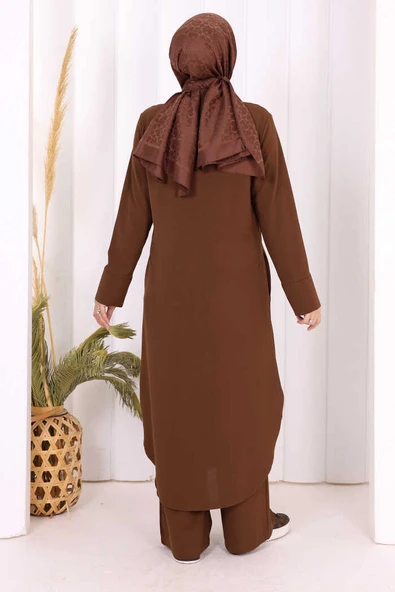 Düğmeli Cepli Tunik ve Pantolon İkili Takım 8682 Kahverengi - Resim 4
