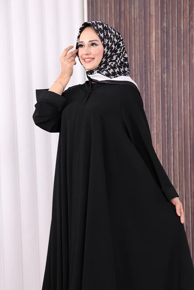 Çıt Çıt Düğme Detaylı Ferace Görünümlü Elbise 70020 Siyah - Resim 6