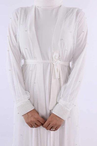 İncili Abaya Ve Elbise Takım 8491 Ekru - 4
