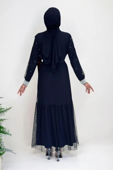 İncili Abaya Ve Elbise Takım 8491 Lacivert - 2