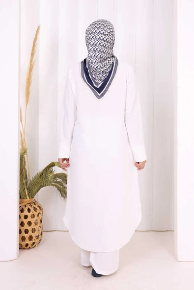 Düğmeli Cepli Tunik ve Pantolon İkili Takım 8682 Ekru - Resim 3