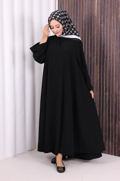 Çıt Çıt Düğme Detaylı Ferace Görünümlü Elbise 70020 Siyah - Resim 2