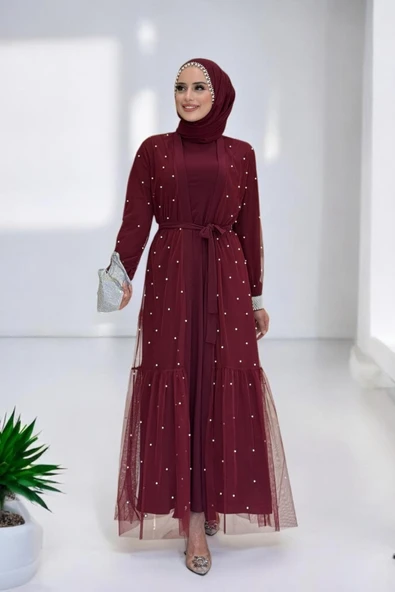 İncili Abaya Ve Elbise Takım 8491 Bordo
