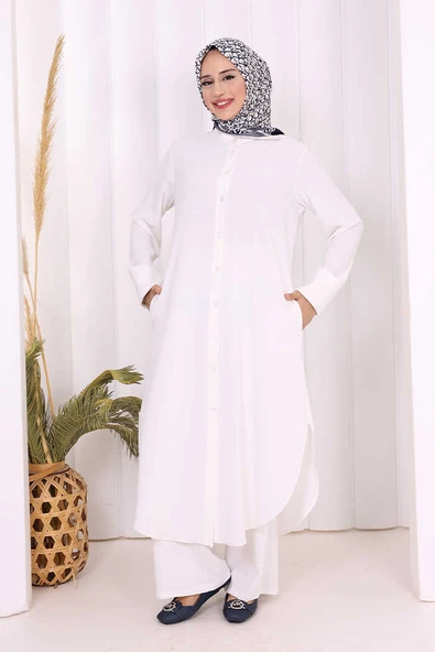 Düğmeli Cepli Tunik ve Pantolon İkili Takım 8682 Ekru ürün görseli 1