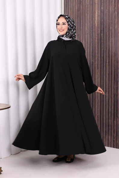 Çıt Çıt Düğme Detaylı Ferace Görünümlü Elbise 70020 Siyah - Resim 5