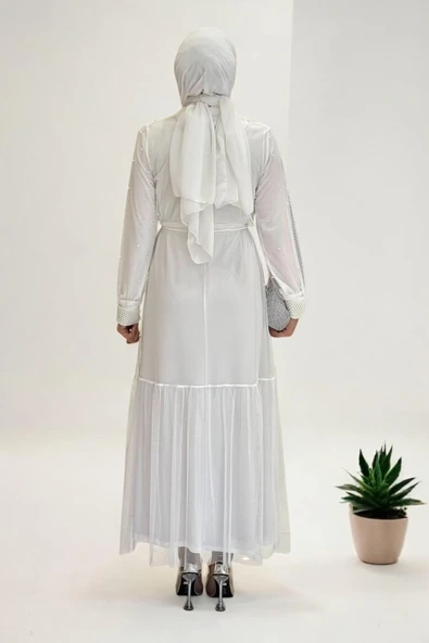 İncili Abaya Ve Elbise Takım 8491 Ekru - 3
