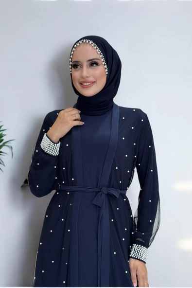 İncili Abaya Ve Elbise Takım 8491 Lacivert - 4