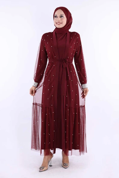 İncili Abaya Ve Elbise Takım 8491 Bordo - 1