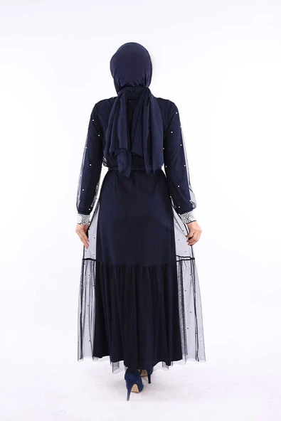 İncili Abaya Ve Elbise Takım 8491 Lacivert - Resim 2