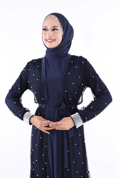 İncili Abaya Ve Elbise Takım 8491 Lacivert - Resim 5