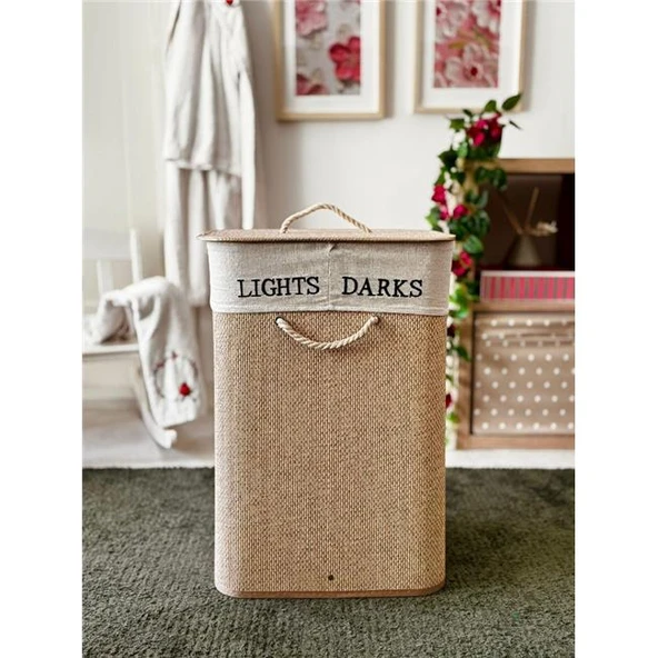 Akayev Beige Hasır 2 Bölmeli Çamaşır Sepeti (Yükseklik 60cm)