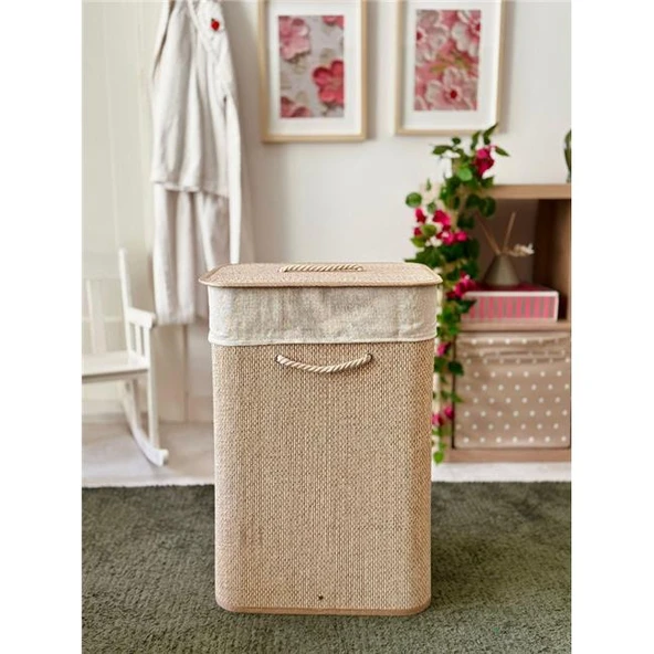 Akayev Beige Hasır Dikdörtgen Çamaşır Sepeti (Yükseklik 60cm)