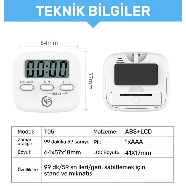NPO NPT05B Mutfak,Ders,Yemek için 60dk Dijital Alarm Kronometre,Pomodoro Öğrenci Motivasyon Saati - 7