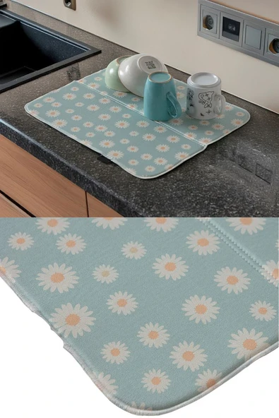 Bulaşık Kurutma Örtüsü, Bulaşıklık, Tezgah Üstü Bulaşık Matı, Süper Emici Mutfak Matı, Papatya Desen - 4