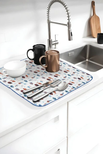 Bulaşık Kurutma Örtüsü, Bulaşıklık, Tezgah Üstü Bulaşık Matı, Süper Emici Mutfak Matı, Balık Desenli