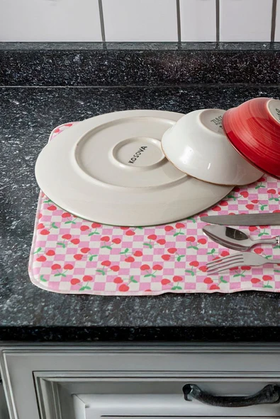 Bulaşık Kurutma Örtüsü, Bulaşıklık, Tezgah Üstü Bulaşık Matı, Süper Emici Mutfak Matı, Kiraz Desen - 6