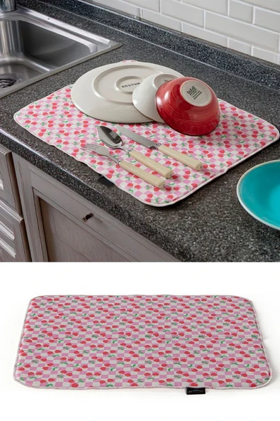 Bulaşık Kurutma Örtüsü, Bulaşıklık, Tezgah Üstü Bulaşık Matı, Süper Emici Mutfak Matı, Kiraz Desen