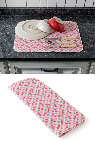 Bulaşık Kurutma Örtüsü, Bulaşıklık, Tezgah Üstü Bulaşık Matı, Süper Emici Mutfak Matı, Kiraz Desen - 4