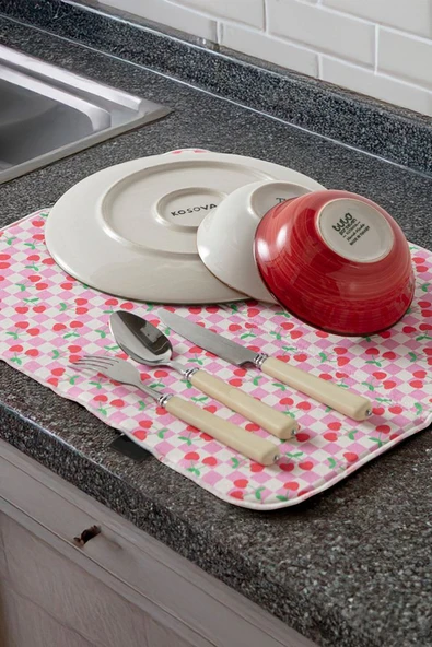 Bulaşık Kurutma Örtüsü, Bulaşıklık, Tezgah Üstü Bulaşık Matı, Süper Emici Mutfak Matı, Kiraz Desen - 2