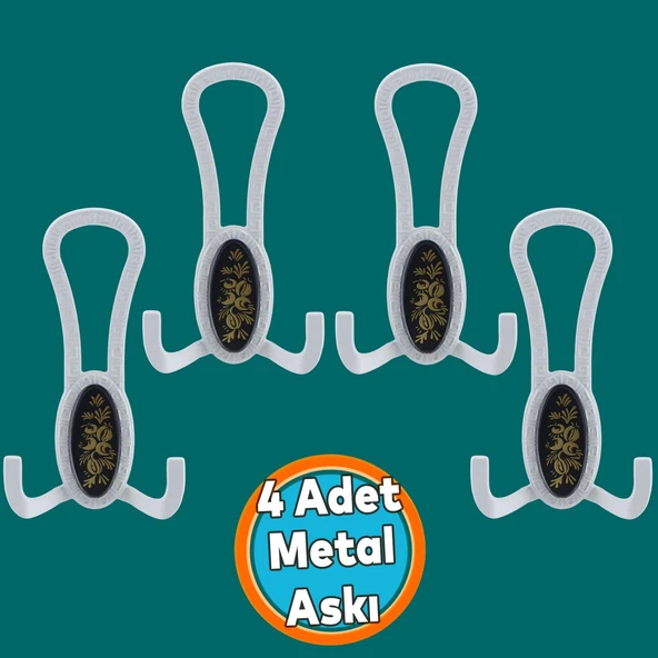 Portmanto Vestiyer Duvar Banyo Askısı Metal Dolap Elbise Askılığı Beyaz Siyah Desenli Askı 4 Adet