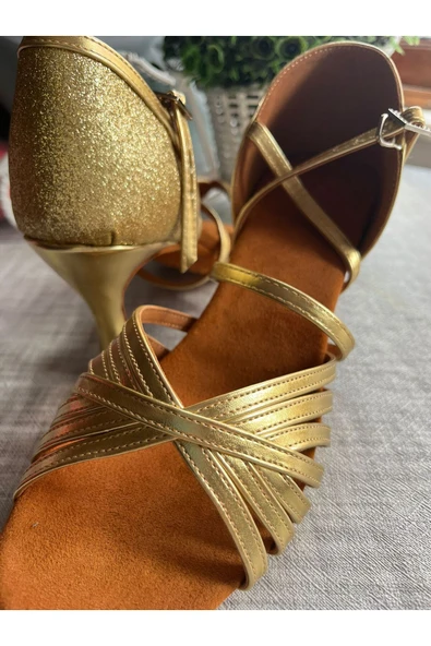 SUNA SALSA AYAKKABISI-7 CM KADEH TOPUK - DERİ  GÜL 7 BANTLI ALTIN RENK - Resim 2
