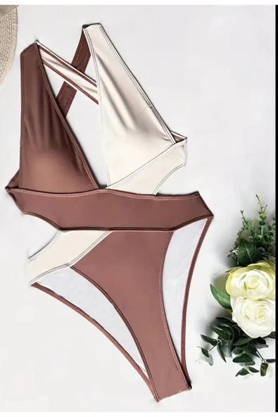 khaki boutique Şık Tek Parça Mayo İKİ RENKLİ KREM-BEJ - 2