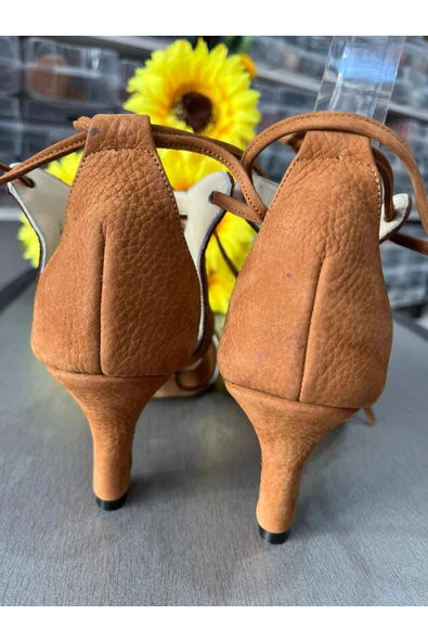 bitangosu Taba Renk Nubuk Deri 6 Cm Kadeh Topuklu Salsa - Bacata- Latin Ve Dans Ayakkabısı Bilekten Bağlama - 2