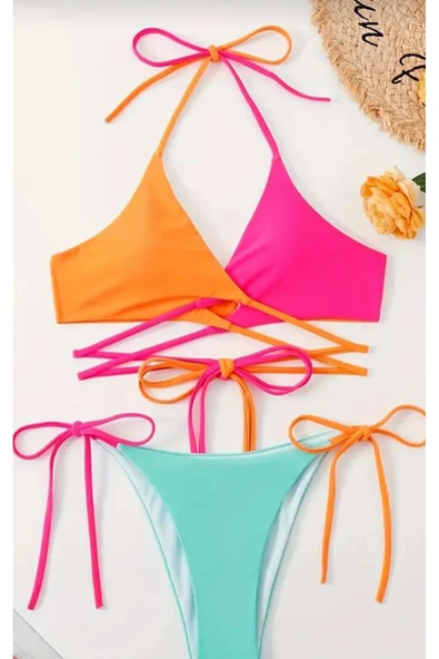 sky Üç Renkli Bikini Takımı - Yüksek Kesim, Boyun Bağlamalı ve Yanları Bağlamalı Makinede Yıkanabilir - 2
