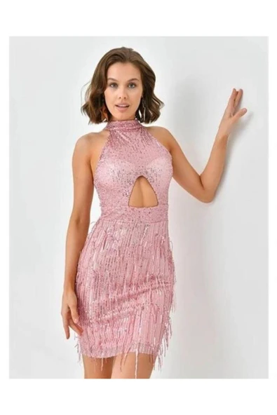 SHE WELLA SADE-ŞIK HARİKA UÇUK PEMBE PULLU ELBİSE BEL PENCERELİ - 3