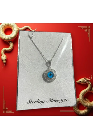 SUNA BEYAZ MİNİTASLI ACIKMAVİ BONCUKLU GÜMÜŞ KOLYE UCU VE ZİNCİRİ- KUTULU