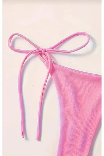PİNK Tek Renk Bikini, Boyun Askılı Sırtı Açık Mayo, Kadın Yüzme Kıyafeti - 2