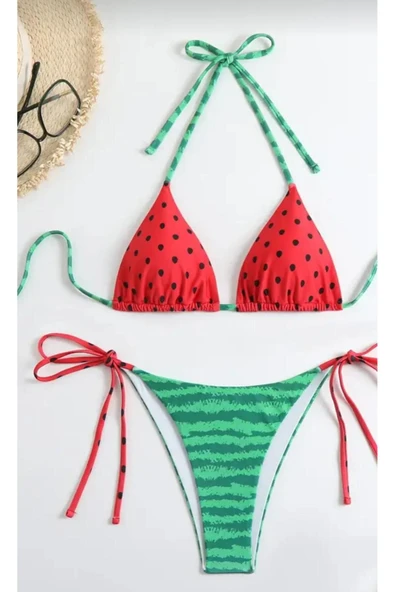 REDB Üçgen bikini moda bağcıklı sevimli detaylı baskı Bikini mayo - 3