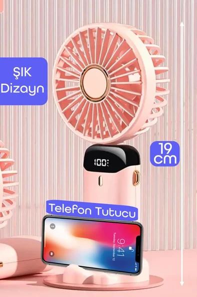 LCD Ekranlı Şarjlı El Fanı Mini Vantilatör 5 Kademe Sessiz Boyun Askılı Pembe Fan - 5
