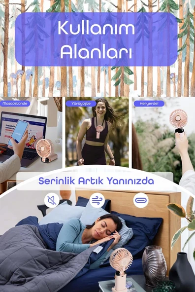 LCD Ekranlı Şarjlı El Fanı Mini Vantilatör 5 Kademe Sessiz Boyun Askılı Pembe Fan - 4