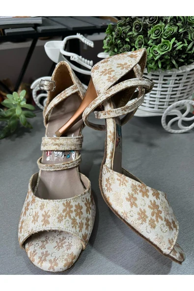 SUNA PAPATYA DESENLİ KAPALI TOPUK TANGO -DANS VE ABİYE AYAKKABISI 8,5 CM TOPUK BOYU - Resim 3