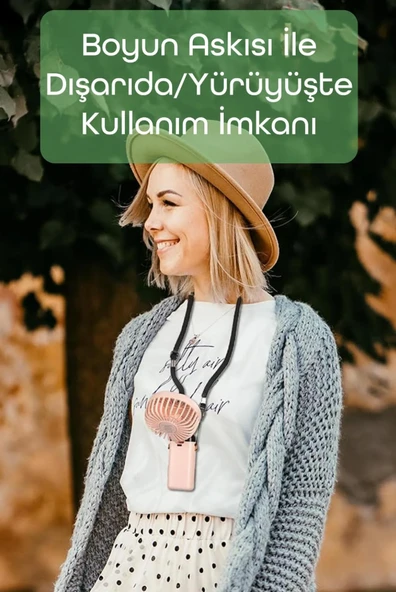 LCD Ekranlı Şarjlı El Fanı Mini Vantilatör 5 Kademe Sessiz Boyun Askılı Pembe Fan - 2