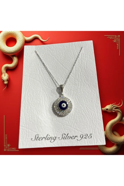 SUNA BEYAZ MİNİMAL TAŞLI NAZAR BONCUKLU KOLYE UCU VE ZİNDİRİ-KUTULU