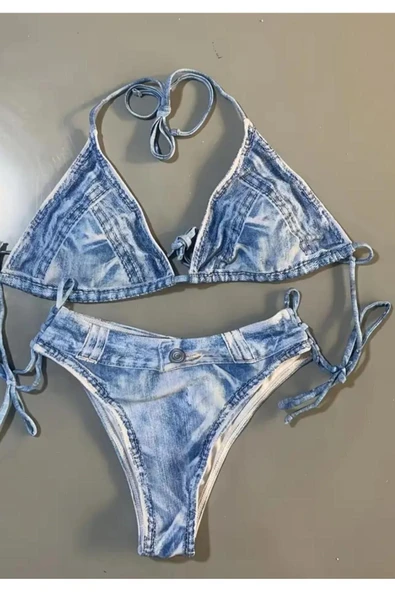 sky Faux kot Baskılı Üçgen 2 Parça Bikini Takımı