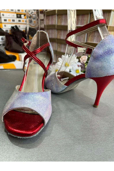 SUNA ACIK MAVİ MERMER DESENLİ KAPALI TOPUK TANGO, DANS VE SALON ABİYE AYAKKABISI 8,5 CM TOPUK BOTU - Resim 4