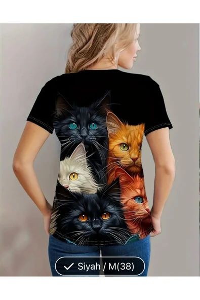 SUNA RENKLİ KEDİ BASKILI KISA KOL TİŞÖRT - Resim 2