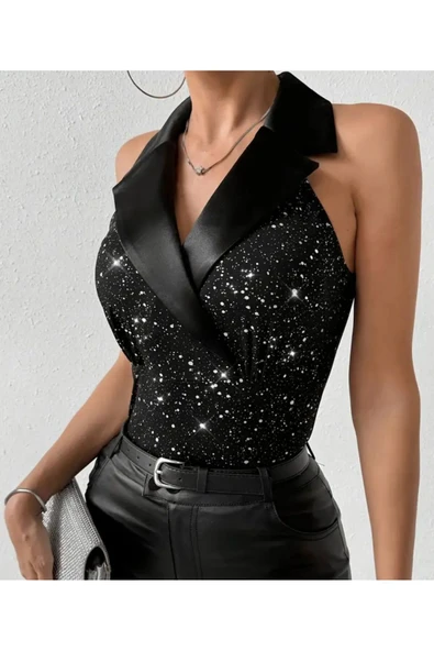 SUNA SİYAH SATEN YAKA KOLSUZ PLATİN BASKILI BODY - 4