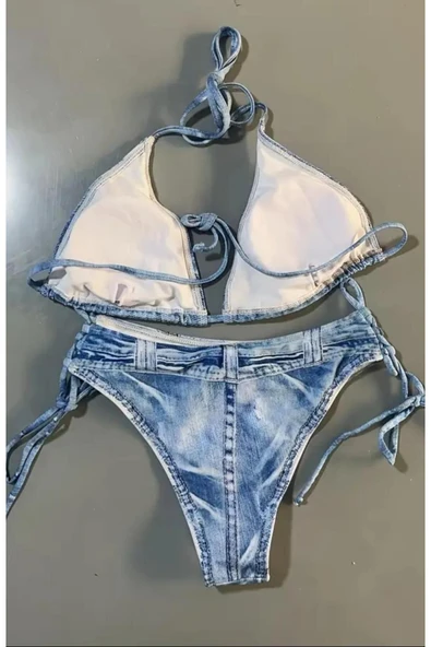 sky Faux kot Baskılı Üçgen 2 Parça Bikini Takımı - 2