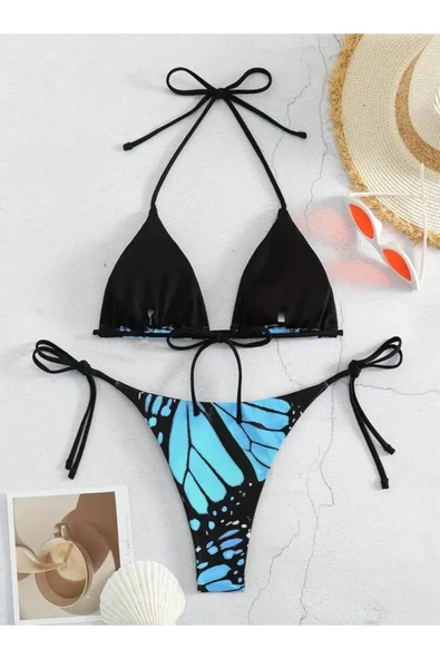sky Canlı Kelebek Baskılı Bikini Takımı Yan Bağlama İki Parçalı Mayo, Üçgen Üst Makinede Yıkanabilir - 6