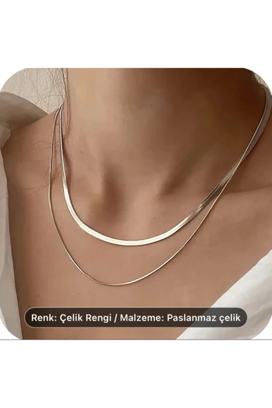 SUNA 2 Lİ ÇELİK KOLYE SADE MODEL-ZAMANSIZ - 5