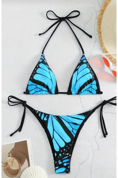 sky Canlı Kelebek Baskılı Bikini Takımı Yan Bağlama İki Parçalı Mayo, Üçgen Üst Makinede Yıkanabilir - 2