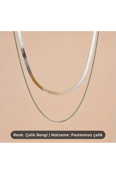 SUNA 2 Lİ ÇELİK KOLYE SADE MODEL-ZAMANSIZ - 3