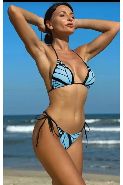 sky Canlı Kelebek Baskılı Bikini Takımı Yan Bağlama İki Parçalı Mayo, Üçgen Üst Makinede Yıkanabilir - 4