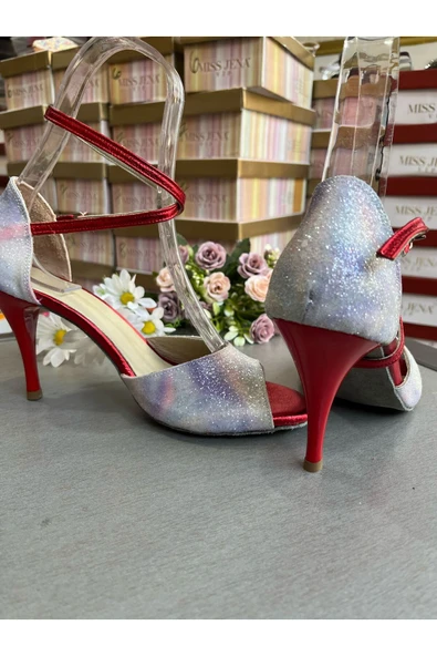 SUNA ACIK MAVİ MERMER DESENLİ KAPALI TOPUK TANGO, DANS VE SALON ABİYE AYAKKABISI 8,5 CM TOPUK BOTU - Resim 2