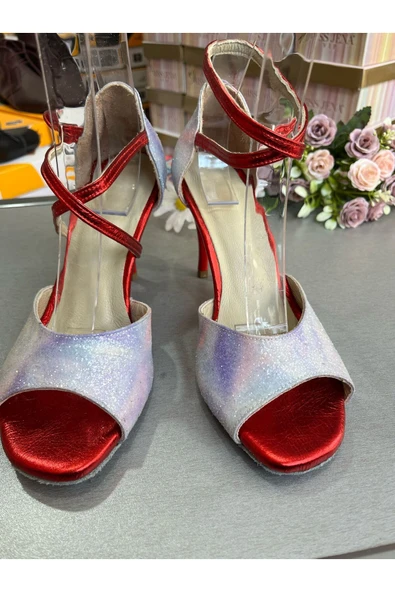 SUNA ACIK MAVİ MERMER DESENLİ KAPALI TOPUK TANGO, DANS VE SALON ABİYE AYAKKABISI 8,5 CM TOPUK BOTU